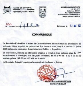 Lire la suite à propos de l’article Administration communale : La Mairie de Cotonou invite les taxi-motos à retirer leurs droits-taxi