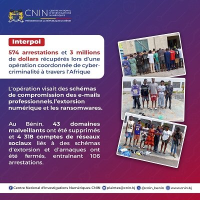 Lire la suite à propos de l’article Opération Sentinelle CNIN-Interpol : 106 cybercriminels arrêtés au Bénin, plus de 4 300 comptes frauduleux fermés
