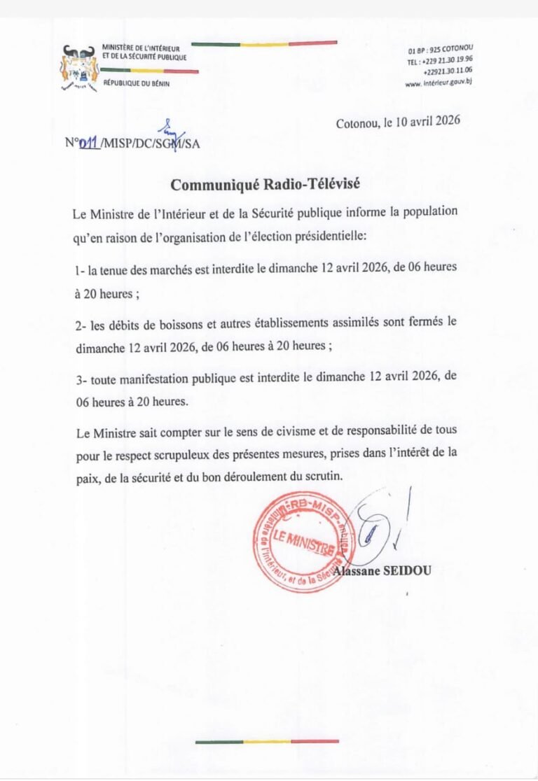Élection du dimanche 12 avril 2026 : Le ministre Alassane Seidou interdit les marchés, les débits de boissons et les manifestations publiques